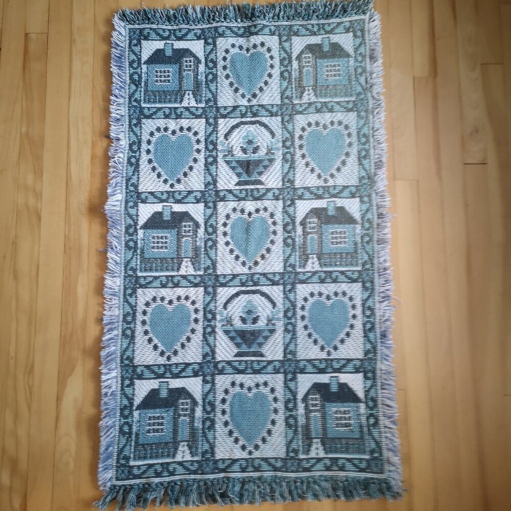 Tapestry Hearts & House Pattern Teal Grey & Off White Fringed Throw Unbranded